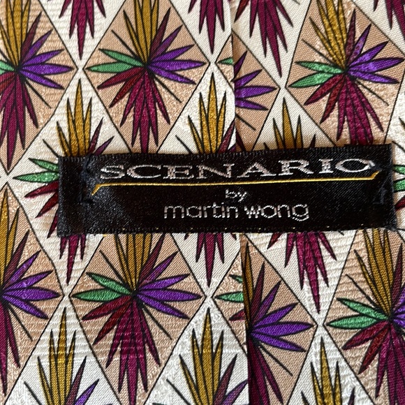 Scenario by Martin Wong, purple, gold, green geometric patterned silk tie - Picture 7 of 10